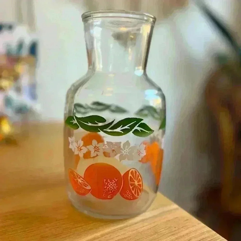 Vintage Anchor Hocking Orange Juice Decanter Retro Glass Carafe Pitcher Floral